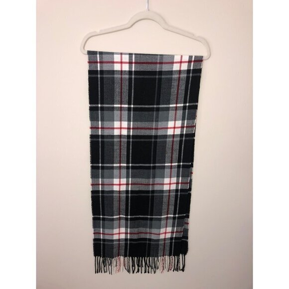 Lands End Scarf Plaid Soft Black White Red Fringe Winter Fall Unisex - Picture 2 of 6